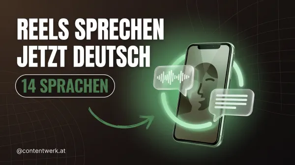 Instagram Reels KI-Übersetzung: Smartphone mit zwei Sprechblasen und Schriftzug 14 Sprachen auf dunklem Hintergrund