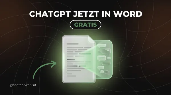 ChatGPT in Word als kostenloses Add-in: Dokument mit KI-Seitenleiste als 3D-Grafik auf dunklem Hintergrund