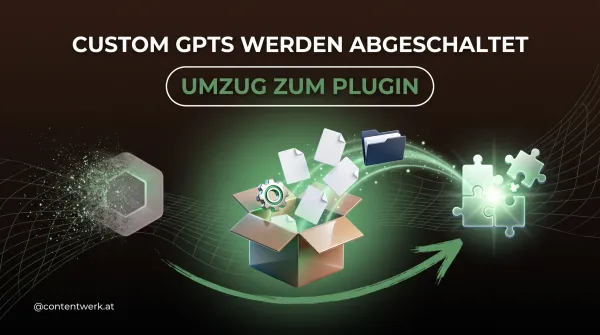 Cover zum Umzug von Custom GPTs auf ChatGPT-Plugins mit Umzugskarton und Puzzle-Modul