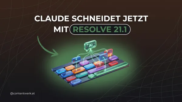 DaVinci Resolve 21.1 Cover: Claude schneidet per MCP mit, stilisierte Timeline mit KI-Assistent