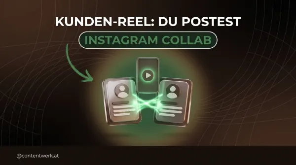 Instagram Collab-Post: zwei Profilkarten teilen sich über eine grüne Lichtbrücke ein Kunden-Reel