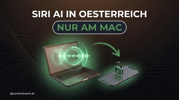 Cover zu Siri AI in Österreich: Laptop mit leuchtender Sprachwelle, daneben gesperrtes Smartphone