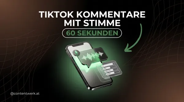 Smartphone mit TikTok Sprachkommentar als Audiowelle und Umfrage-Karte für Solo-Creator