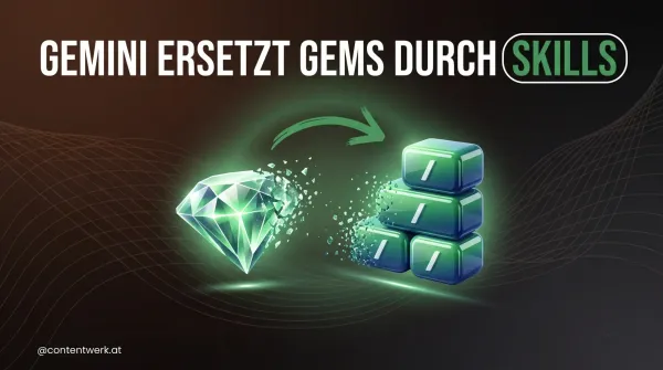 Gemini Skills ersetzen Gems: Edelstein zerfällt in gestapelte Bausteine mit Schrägstrich-Symbol