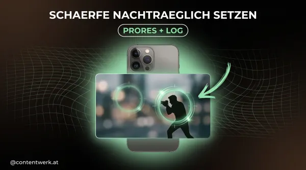 Smartphone mit Kinomodus-Schärfeverlagerung, Text: Schärfe nachträglich setzen in ProRes und Log
